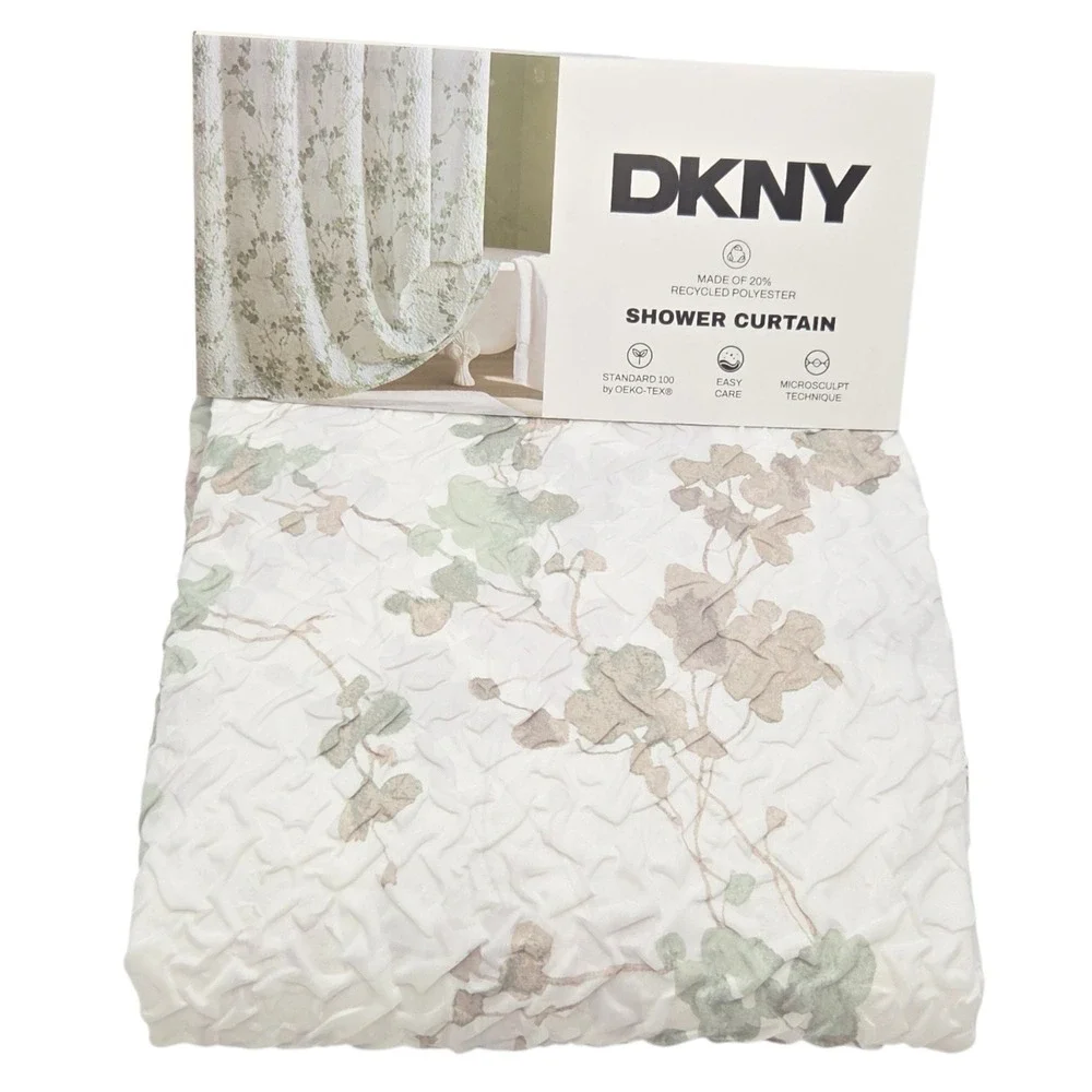 DKNY Wallflower Microsculpt Shower Curtain White Green Floral 72x72 NEW